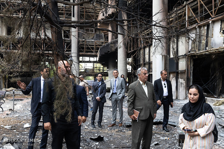 Foreign ambassadors tour IRIB building damaged in Israeli airstrikes