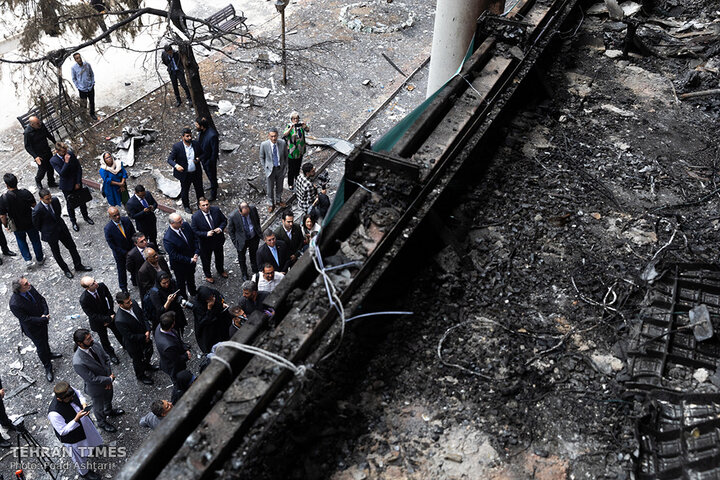 Foreign ambassadors tour IRIB building damaged in Israeli airstrikes