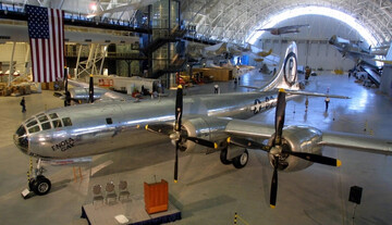 The Enola Gay, the plane that dropped the atomic bomb on Hiroshima, is on display at the Smithsonian’s Air and Space Museum in Virginia after restoration in August 2003.