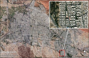   Satellite imagery showing expanse of modern Tabriz in 2022, with inset detail of the modern development on the garden site (source: Maxar and Airbus, via Google Earth).
