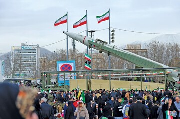An Iranian missile put on display in Tehran during massive Bahman 22 rallies on February 11, 2025.