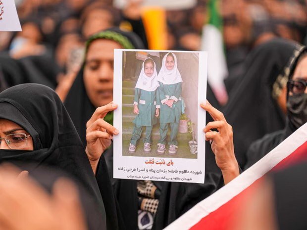 Mourners at a funeral held for children killed in a U.S. strike on a school in Minab, southern Iran.