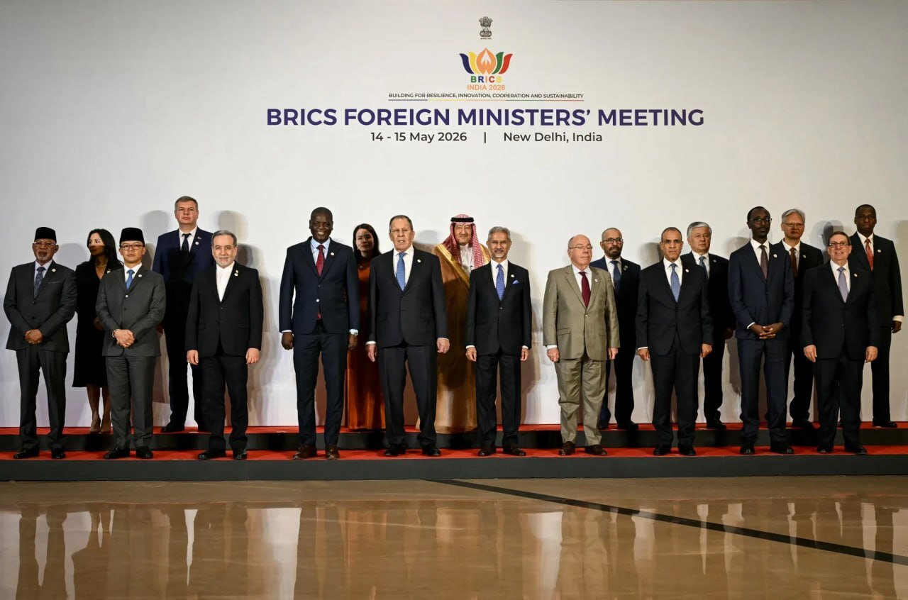 Iranian FM Abbas Araghchi poses with fellow BRICS diplomats for a family photo at Bharat Mandapam in New Delhi, India, May 14, 2026.