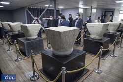 A select of 12 column capitals are on show during the opening ceremony of a new cultural heritage museum in Kermanshah, western Iran, July 16, 2020.