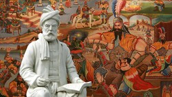 This combination photo shows a statue of Ferdowsi and a teahouse painting depicting a story from his Shahnameh. 