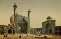 A painting by French architect Pascal Coste, who visited Isfahan in c. 1840, depicts the main courtyard and two iwans of the Imam Mosque (then the Shah Mosque) in the central Iranian city.