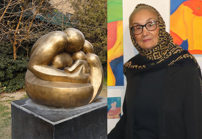 This combination photo shows sculptor Nahid Saliani and her sculpture “Mother and Son” in the courtyard of the Iranian Artists Forum in Tehran.
