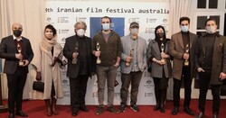 Winners pose after being honored during the awards ceremony of the 9th Iranian Film Festival Australia at the Embassy of Australia in Tehran on January 19, 2021. (Photo by Azadeh Amirkhan) 