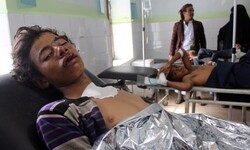 Patients are treated at a hospital in Hajja in Yemen after an airstrike hit a wedding party. Photograph: Reuters