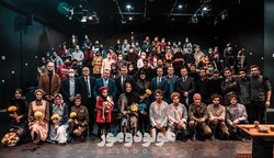 Ukrainian Ambassador Serhii Burdyliak and his colleagues pose for a photo with the Seganeh Troupe after the performance of “Holodomor” at Tehran’s Neauphle-le-Chateau Theater on March 5, 2021.