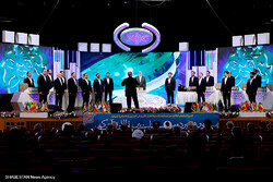 A tawashih group performs during the closing ceremony of the 37th International Quran Competition at the Andisheh Hall in Tehran on March 11, 2021. (Shabestan)  