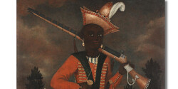 A rare Safavid oil painting of an African soldier.