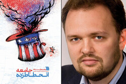 This combination photo shows American writer Ross Douthat and the front cover of the Persian translation of his book “The Decadent Society”.