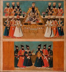 Qajar ruler Fathali Shah and his ministers are depicted in a painting by Mohammad-Ali Beik Naqqashbashi, which is preserved at the State Museum of Oriental Art in Moscow, Russia. 