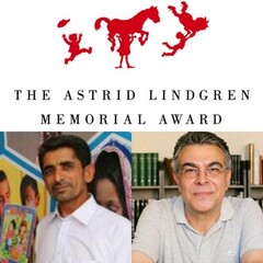This combination photo is of a logo of the Astrid Lindgren Memorial Award and the Iranian nominees Jamshid Khanian (L) and Abdolhakim Bahar.