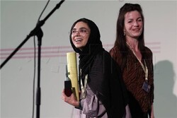 Iranian director Mahbubeh Kalai accepts the Zlatko Grgic Award for her short movie “The Fourth Wall” at the 31st Animafest Zagreb in Croatia on June 12, 2021.