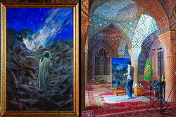 This combination photo shows artist Hassan Ruholamin drawing “Jabal an-Nur” about the Prophet Muhammad (S) at Nasirolmolk Mosque in Shiraz on July 7, 2021 and the painting after completion.