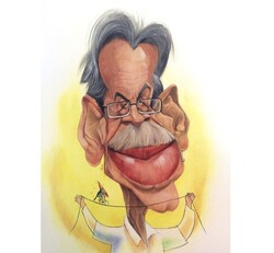 A caricature of Kambiz Derambakhsh by Ali Radmand.