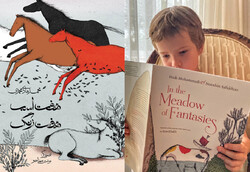 A combination photo shows a boy reading an English translation of Iranian writer Hadi Mohammadi’s “In the Meadow of Fantasies” and the front cover of the Persian edition of the book.