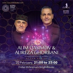 A poster for a joint concert by Iranian singer Alireza Qorbani and Azerbaijani vocalist Alim Qasimov at the Expo 2020 Dubai.