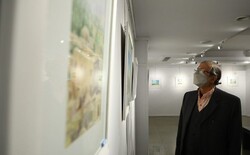 An art enthusiast visits the exhibition “Image of Nimruz” the Gallery 1 of the Iranian Photographers Center in Tehran on February 20, 2022. (Art Bureau/Reza Zakeri)