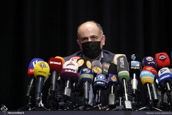 Culture minister aide Mahmud Shalui attends a press conference at the Tehran Museum of Contemporary Art on February 22, 2022, to brief the media about a weeklong program for the commemoration of Nezam
