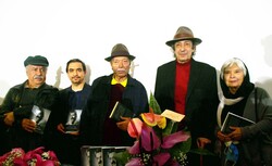 Left to right, Behzad Farahani, Mani Soltani, Ali Nasirian, Nader Mashayephi and Vida Mashayekhi hold copies of “Jamshid Mashayekhi” during the unveiling ceremony of the book at the Film Museum of Ira