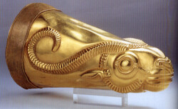 This golden rhyton (drinking vessel) is excavated from Ecbatana, west central Iran. The object, which dates from the Achaemenid era (c. 550 – 330 BC), is being kept at the National Museum of Iran in downtown Tehran.