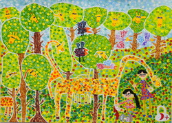 “Friendship between Man and Animals and Nature” by Selen Arami from Iran won the Planet Earth Grand Prix at the 12th edition of the Kao International Environment Painting Contest for Children in Japan