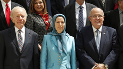 MKO leader Maryam Rajavi flanked by ex-Senator Lieberman and Trump lawyer Giuliani