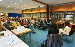 Croatian writer Yasmin Dar (1st R) and editor Darija Zilic (3rd R) talk to the audience in a meeting held at the Zagreb municipality on June 10, 2022, to present her novel “On the Roads of Persia” (“P
