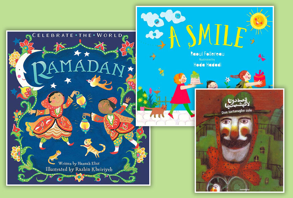 A combination photo shows books illustrated by Hoda Haddadi, Rashn Kheirieh and Alireza Golduzian.