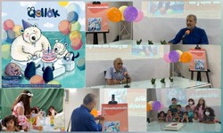 A combination photo shows the front cover of the first English edition of the children’s monthly Qollak along with pictures of writers and children attending a celebration for the magazine’s eighth an