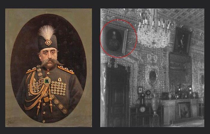 A combination photo shows Kamalolmolk’s portrait of Mozaffar ad-Din Shah and a picture allegedly showing the painting on a wall of the Golestan Palace.