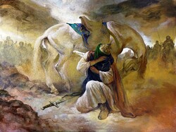 Hassan Ruholamin’s latest painting “Daddy” depicts Imam Hussein (AS) in his final farewell to his three-year-old daughter Roqayyeh (SA).