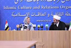 Syrian Culture Minister Lubanah Mshaweh and ICRO director Mohammad-Mehdi Imanipur attend a press conference in Tehran on September 9, 2022, to brief the media about the plans of Tehran and Damascus to