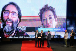 A video message by Co-directors Alejandro Alvarado and Concha Barquero is screened during the closing ceremony of the 39th Tehran International Short Film Festival at Milad Tower on October 24, 2022