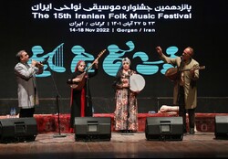 A group from the Azarbaijan region performs during the 15th Iran’s Regional Music Festival at Fakhreddin As’ad Gorgani Hall in Gorgan on November 14, 2022.