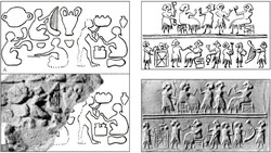 Depiction of a cylinder seal impression, Chagamish, southwest Iran, mid-fourth millennium BC. It shows a harpist accompanied by musicians playing clappers and a drum.