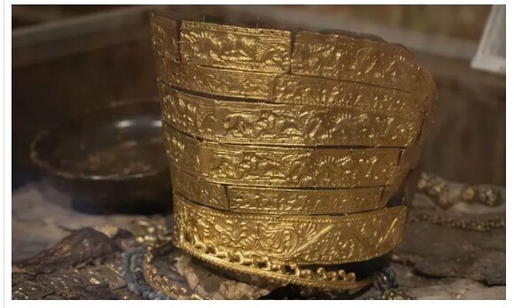 Fourth century BC golden ceremonial headgear from a Scythian king's burial mound in the Museum of Historical Treasures in Kyiv in September, 2022. (Photograph: Efrem Lukatsky/AP)
