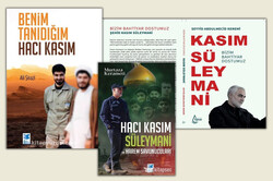 A combination photo shows the front covers of several books published in Turkish about General Qassem Soleimani.  