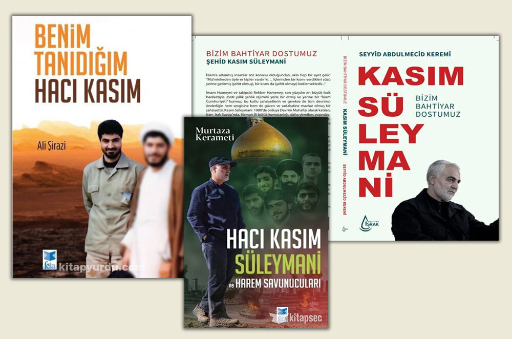 A combination photo shows the front covers of several books published in Turkish about General Qassem Soleimani.