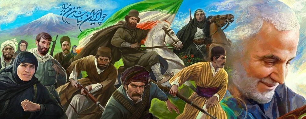 A poster entitled “Jan-Fada” shows the portraits of General Qassem Soleimani and several other Iranian personalities by Hassan Ruholamin.