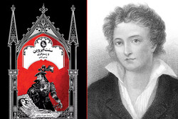 A combination photo shows Percy Shelley and the front cover of the Persian edition of his novella “St. Irvyne”.