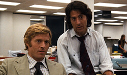 Robert Redford and Dustin Hoffman act in a scene from “All the President’s Men”.