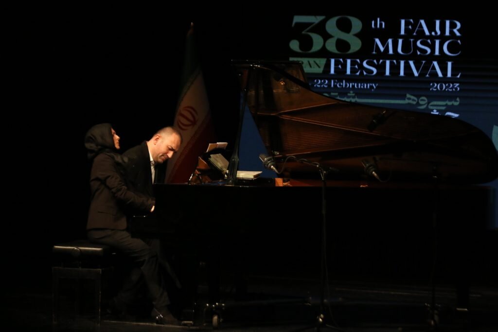 Serbian piano duo Dragomir Bratic and Marija Godjevac perform a concert at Tehran’s Niavaran Culture Center during the 38th Fajr Music Festival on February 17, 2023. (FMF)