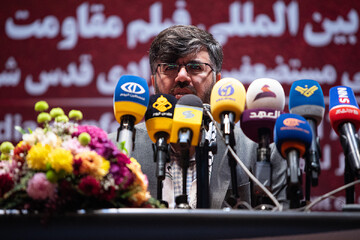Director of the International Resistance Film Festival Jalal Ghaffari attends a press conference in Tehran on February 26, 2023, to brief the media about the event. (Mehr/Mohsen Ranginkaman)