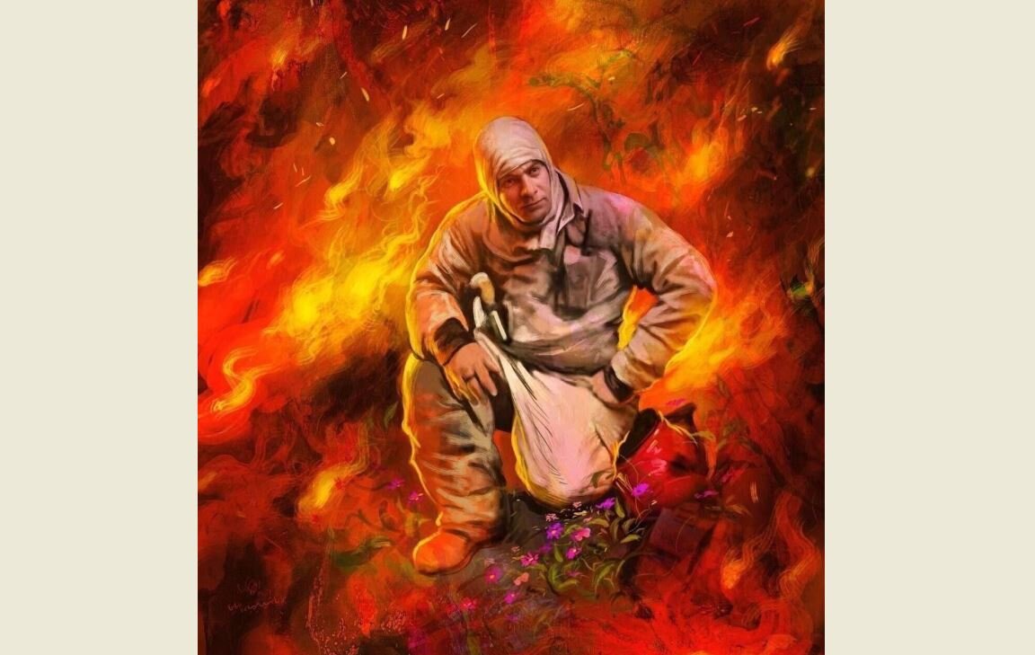 “Qoqnus” by Hassan Ruholamin commemorates firefighter Gharibreza Darabi killed while battling an inferno in Tehran’s Bahar Street.