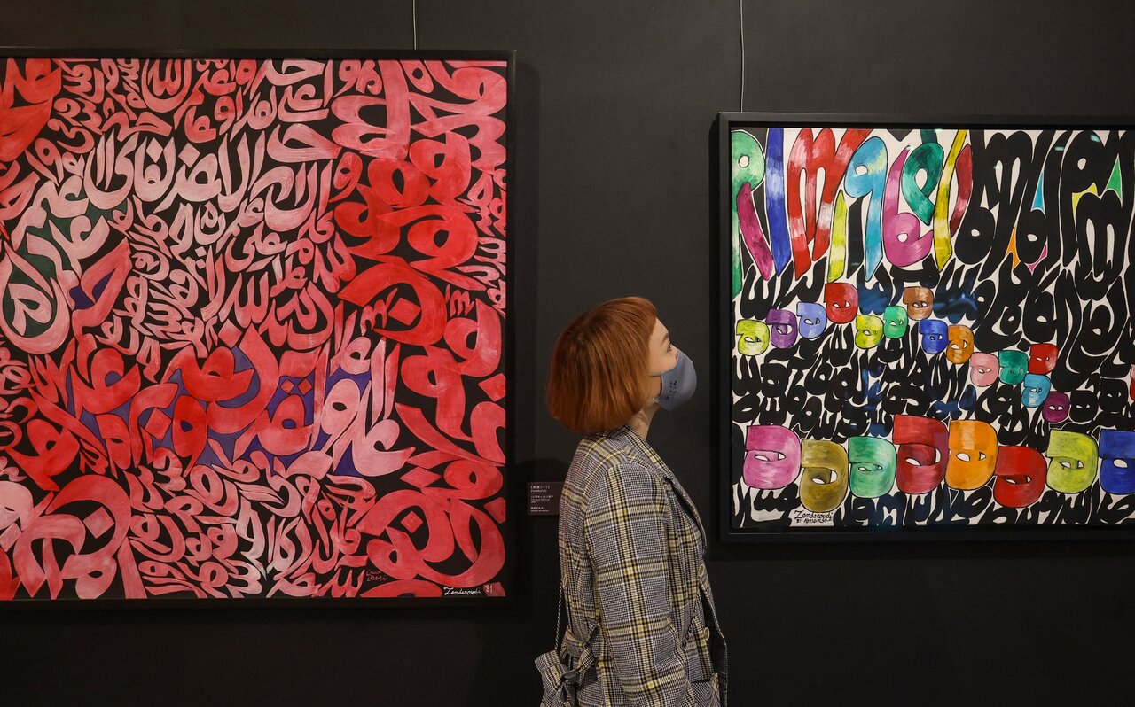 An art lover visits the exhibition “Calligraphic Art: Interaction between Hong King and Iranian Artists Exhibition” at the Hong Kong Central Library in Causeway Bay on February 24, 2023. (SCMP/Jonatha