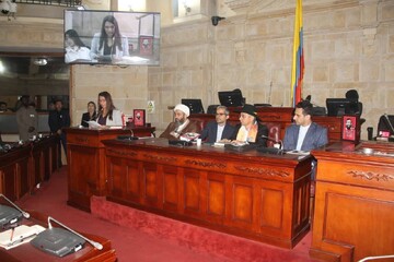 A member speaks during a book launch event for the Spanish edition of Ayatollah Seyyed Ali Khamenei’s autobiography “Cell No. 14” at the House of Representatives of Colombia in Bogota on April 27, 202